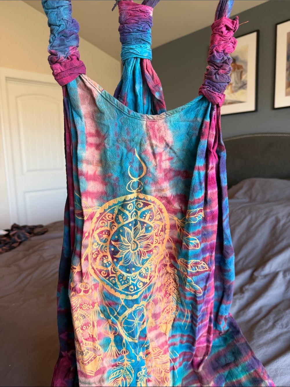 Boho Tie-Dye Maxi Dress with Sun Motif - Multicolor